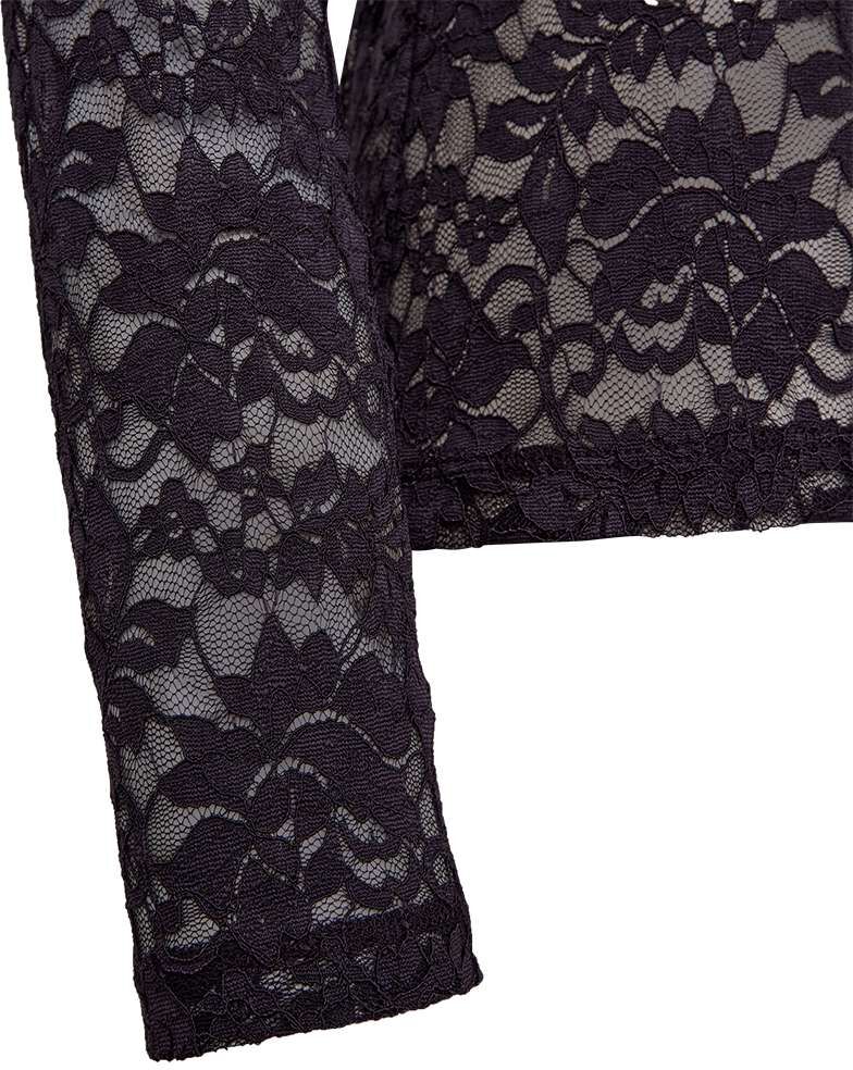 Langarmshirt FREEQUENT "Style Saldo", Damen, Gr. M, schwarz (nightshade), Spitze, Obermaterial: 95% Polyamid, 5% Elasthan, unifarben, körpernah hüftbedeckend, Rundhals, abgesteppte Kante, Shirts Langarmshirt, mit Spitzen-Details / Transparenter Look