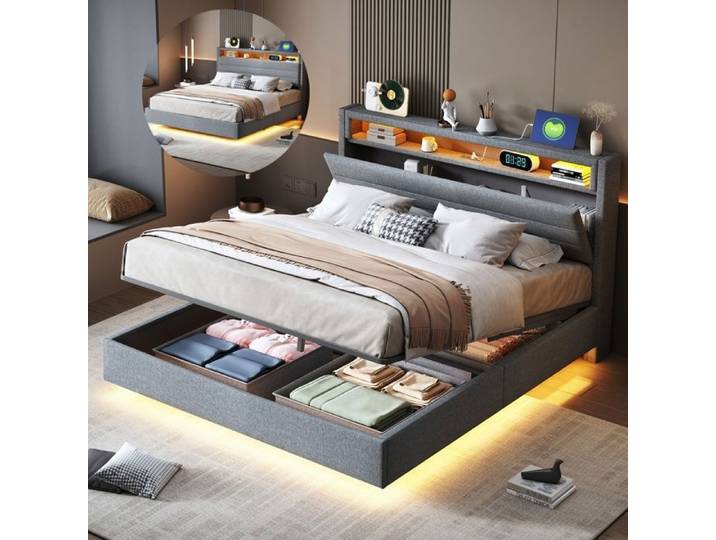 Lit coffre 140x200 cm - KILISKY - Lit Flottant 2 Personnes - Tête de Lit Rembourrée - LED Intégrée