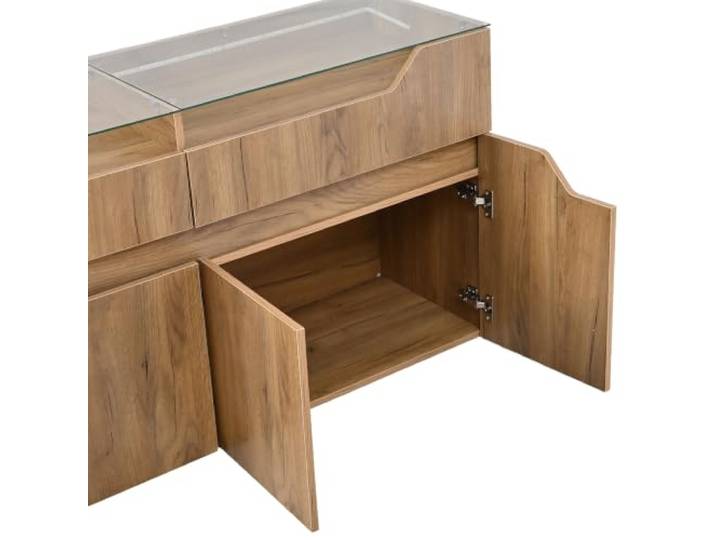 Sideboard 3 Türen Push-Open Wellenmuster 140x40x70cm Natürlich 120 x 35 x 68 cm, MDF + Spanplatte mit Holzfurnier, Push-Open-Funktion, Wellenmuster, 3 Türen, 6 Fächer