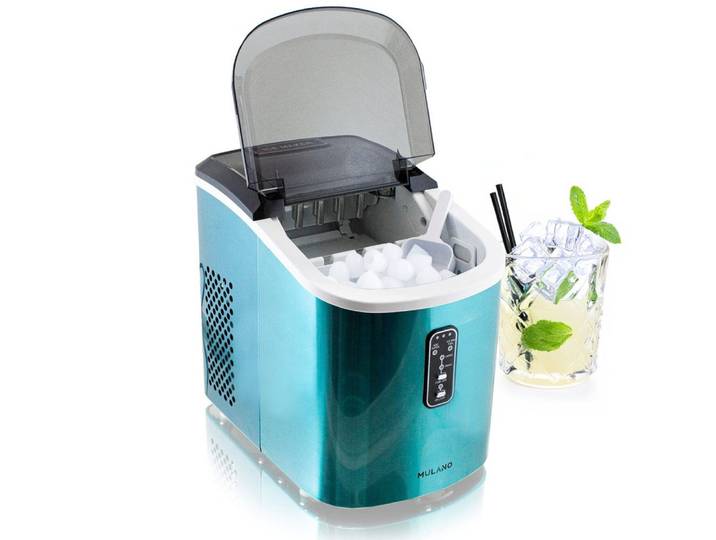 Mulano Elektrischer Eiswürfelbereiter Design Edelstahl Blau, mit transparentem Deckel MS-17107