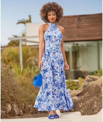 Plus Size Women's Floral Print Halter Dress by Joe Browns in Blue Watercolor Floral (Size 14 W)
