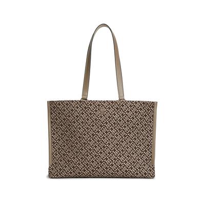 Handtasche TOMMY HILFIGER "TH JACQUARD TOTE", Damen, Gr. B/H/T: 43cm x 30cm x 12,5cm, braun (khaki kombiniert), Lederimitat, Textil, Taschen Handtasche, Damen Schultertasche mit edler TH-Logostickerei