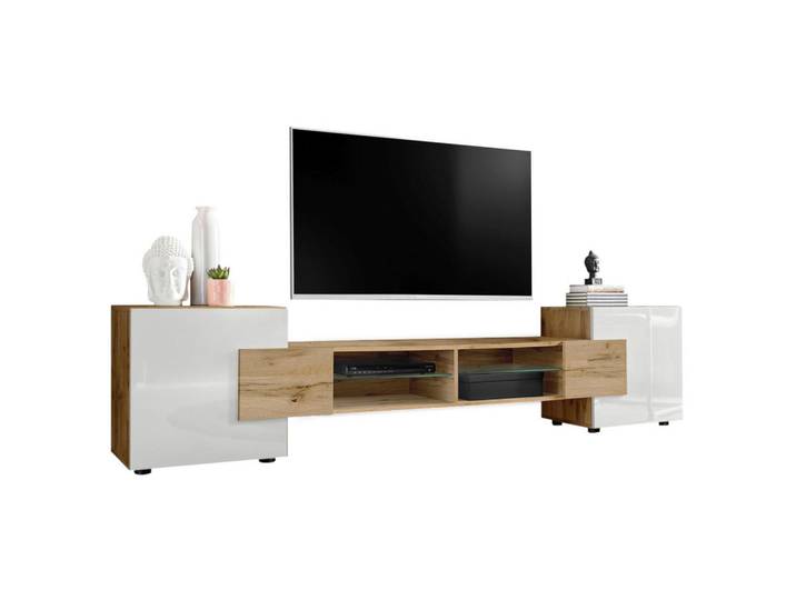 Komodee Lowboard Merano Eiche Wotan, Eiche Wotan, Eiche Wotan, Weiß, 4 Fächer, Rechteckig, 230x52.5x35 cm, Wohnzimmer, TV Möbel, Lowboards, Lowboards stehend
