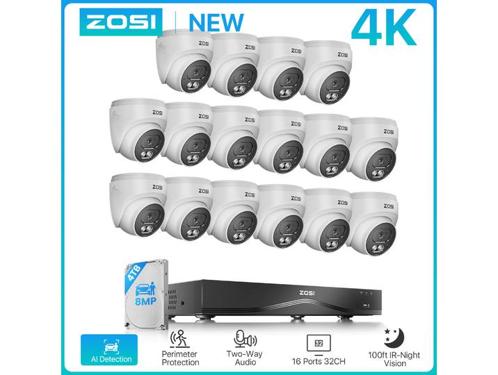 Système de caméras CCTV ZOSI 16CH 4K, caméras de sécurité PoE 8MP pour l'extérieur et l'intérieur, NVR 16 ports 32 canaux, disque dur 4 To, surveillance vidéo domestique