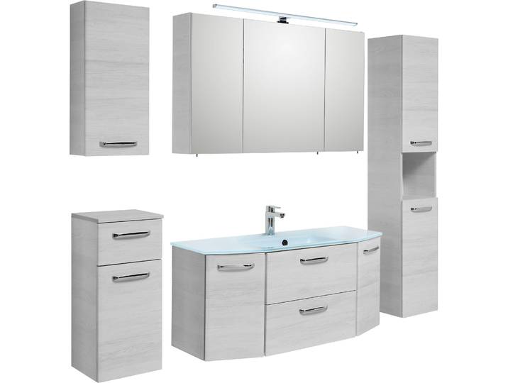 Badmöbel-Set SAPHIR Quickset 936 5-teilig, mit Glaswaschbecken und LED-Spiegelschrank , weiss (eiche weiß, eiche weiß), Holzwerkstoff, Kastenmöbel-Sets, Badmöbel-Set, Waschplatz, inkl. Türdämpfer, 9 Türen, 1 Klappe, Griffe Chrom Glanz