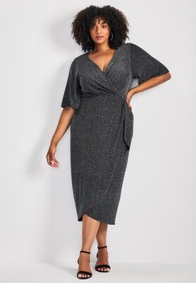 Plus Size Women's Nala Metallic Mock Wrap Dress by Avenue in Black (Size 26/28)