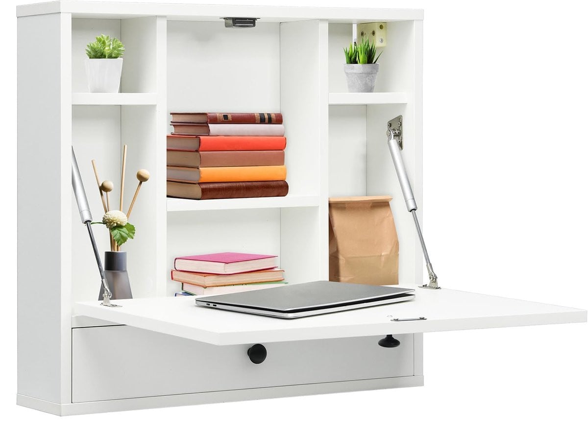 SnelShoppen Inklapbare Wandklaptafel met Opbergvakken en Lade, Compacte Computertafel voor Thuiswerk, Wit