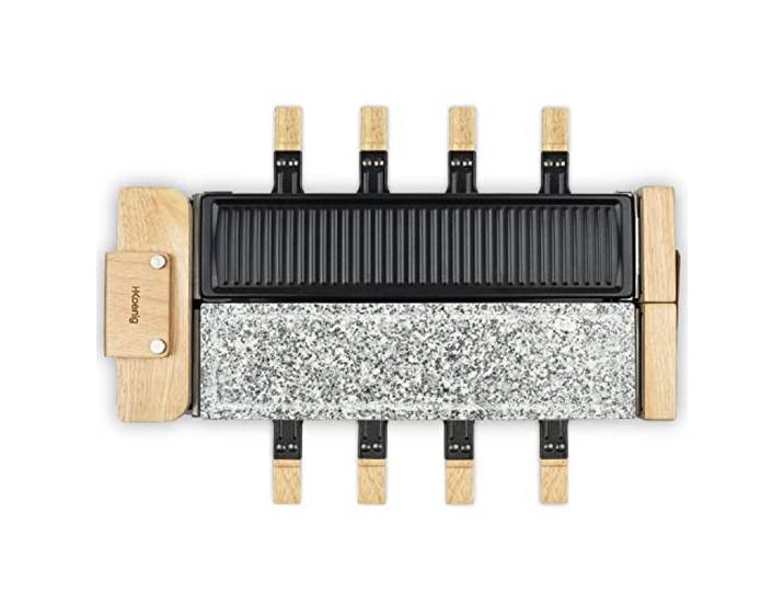 H.Koenig Raclette-Gerät WOD360 für 8 Personen, 1400 W, um 180° drehbarer Sockel, Naturholz-Design, 8 antihaftbeschichtete Pfännchen und Spatel,abnehmbare Platten - Granitsteinplatte und Grillplatte