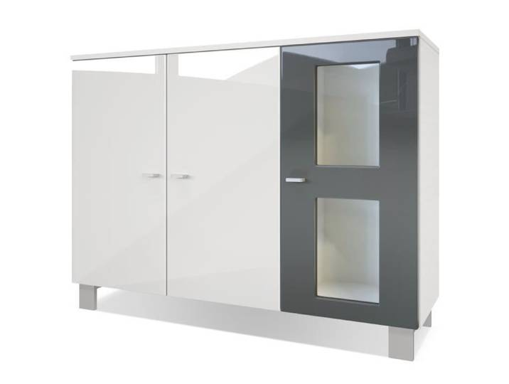 Vladon Buffet Armoire Denjo Corps en Blanc mat - Façades en Blanc haute brillance et Gris haute brillance