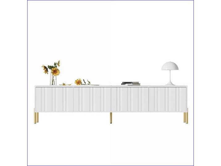 Meuble TV & Divertissement - Blanc 190 cm avec Pieds Dorés et Portes Rainurées