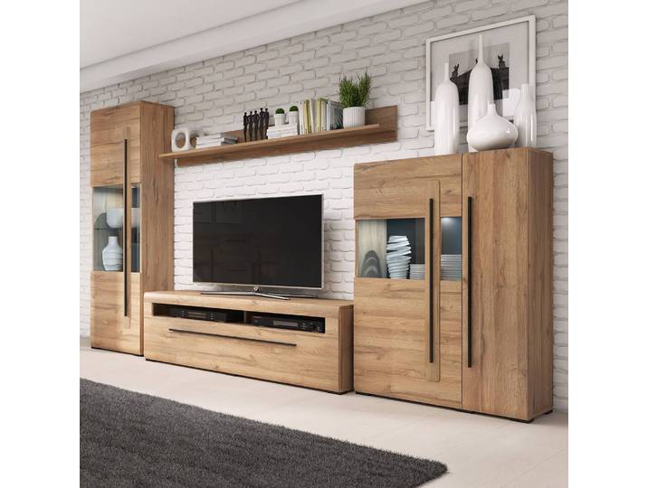 Wohnwand I 4-teilig Front: MDF Mitteldichte Holzfaserplatte , foliert Korpus: Spanplatte, beschichtet Braun/Eiche Grandson Dekor 310 x 204 x