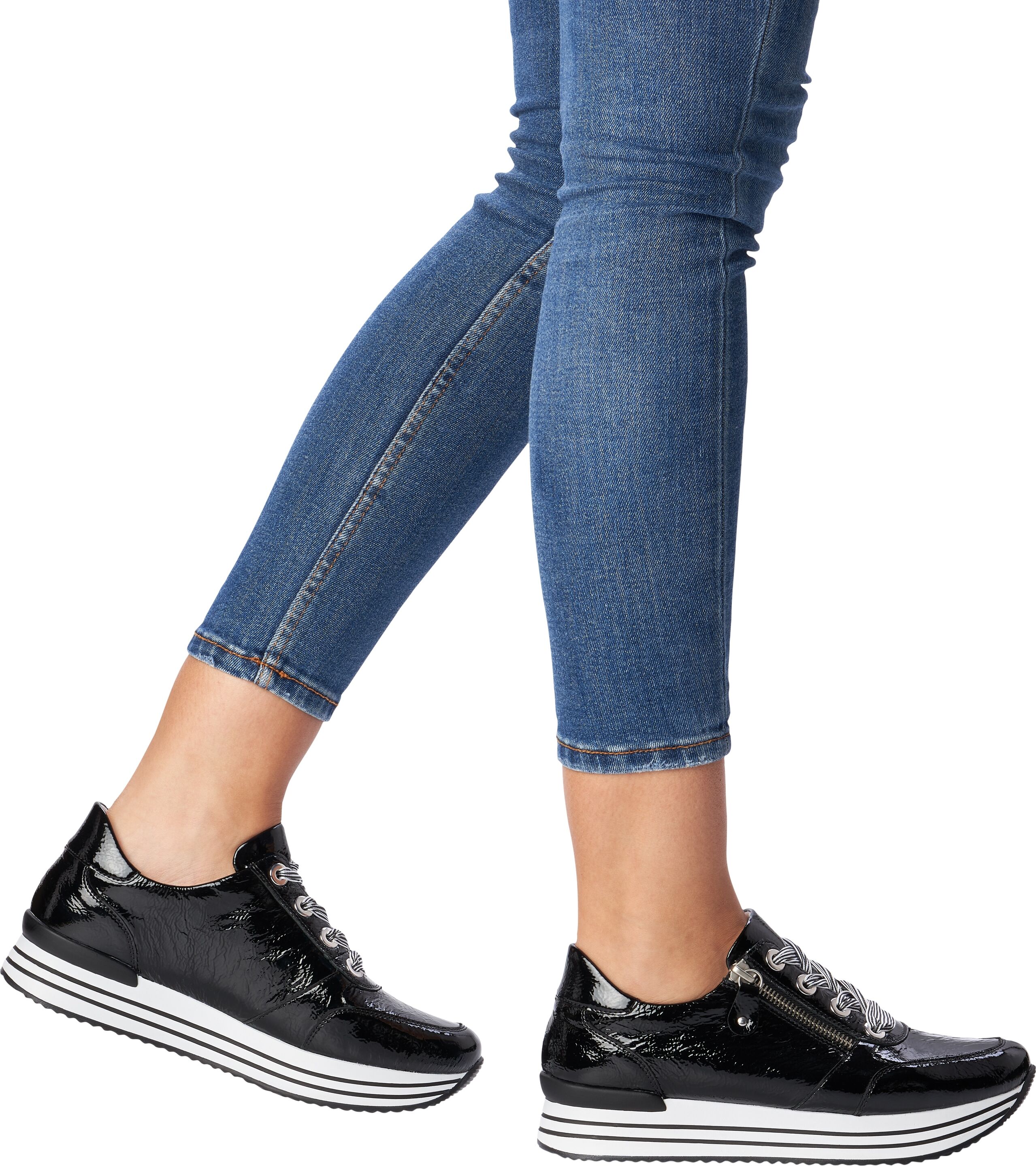 Plateausneaker REMONTE, Damen, Gr. 38, Textil, schwarz, Lackleder, glänzend, Schuhe Plateausneaker, Freizeitschuh, Halbschuh, Schnürschuh mit gepolstertem Schaftrand