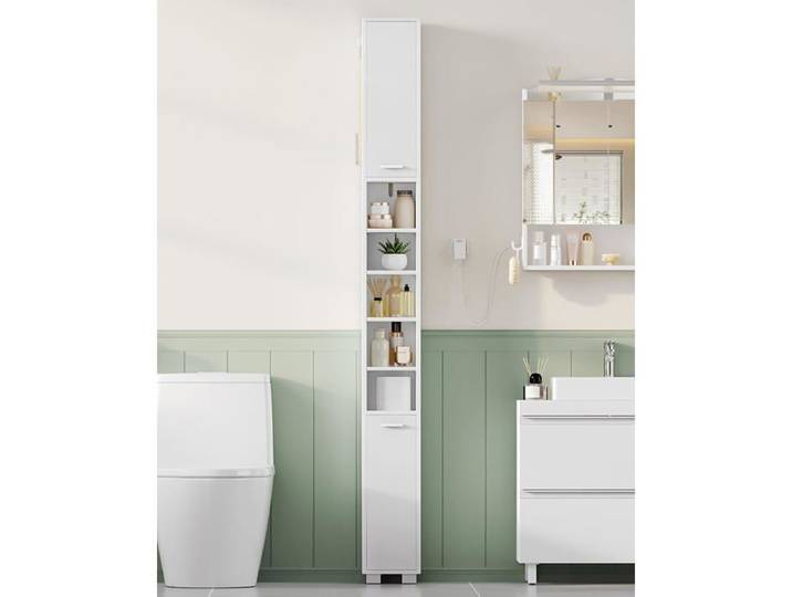Meuble Colonne Salle de Bain Armoire de Rangement Étroite avec 2 portes 2 boîtes de rangement Compartiments Ouverts Blanc