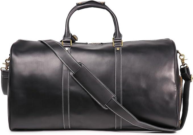Herren-Reisetasche aus genarbtem Leder, klassische Reisetasche für Herren, Fitnessstudio, Sport, Vintage, Reisegepäck, Übernachtung, Schwarz, 24 Inch, Wochenendtasche aus Leder