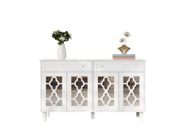 Buffet Buffet à 4 portes - Miroir - Tiroirs - Étagères réglables - Blanc