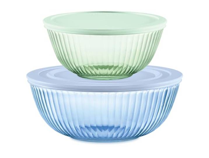 Pyrex Farbig getönte Glas-Rührschüsseln mit Deckel, stapelbar, platzsparendes Set zum Zubereiten und Backen, 2,3 l und 4,5 l, 4 Stück
