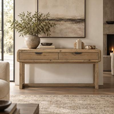 Furniture of America Premier Lune Modern Farmhouse Oak Solid Wood 2-Drawer Sofa Table with Trestle Base
