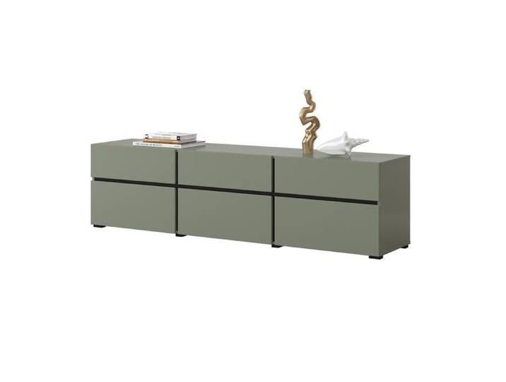 Meuble TV coloris vert sauge 180cm collection HAVANA. Meuble design avec 3 portes et 3 tiroirs.