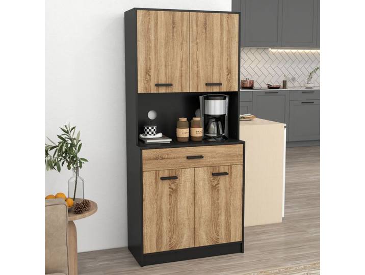 Armoire de cuisine avec compartiment ouvert style industriel 2 placards double porte tiroir central 2 passe-câbles 180 cm