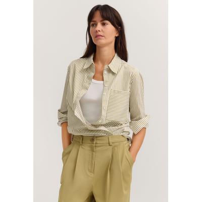 Hemdbluse BUGATTI "Brusttasche", Damen, Gr. 42, beige (130, moos), Canvas, 71% Baumwolle, 26% Polyamid, 3% Elasthan, gestreift, normal, ohne Ausschnitt, Blusen Hemdbluse, aus einer Baumwollmischung