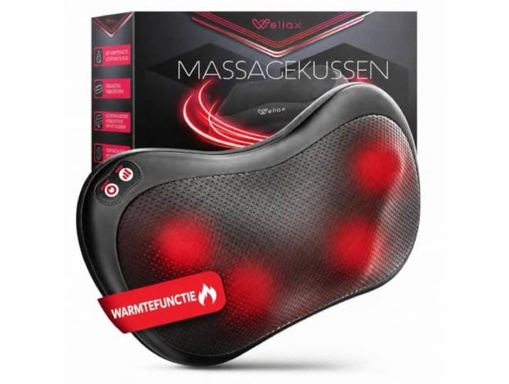 Wellax Relaxing Massage Cushion met Warmtefunctie & 360° Rotatie - Shiatsu Massager met 3 Snelheden voor Schouders & Rug - incl. Verlengband - Nek Massager, Zwart