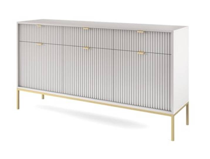 Emporius Sideboard mit Schubladen Galla - Dreitürige Sideboard 150 cm, Wohnzimmer - Gold Griffen, geriffelten Fronten - Grau + Gold