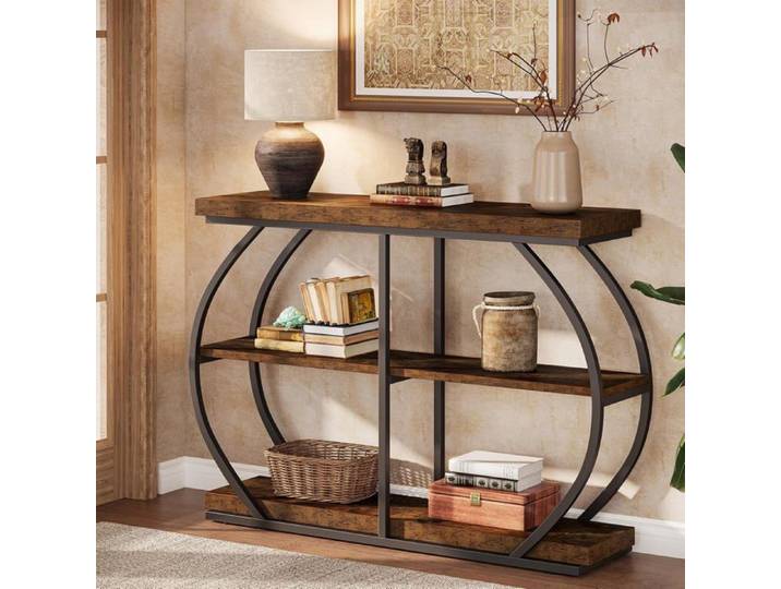 Finmind Console Table - Meuble d'Entrée - 3 Niveaux 105 x 30 x 80 cm - Table d'entrée en Bois - Style Industriel - Marron