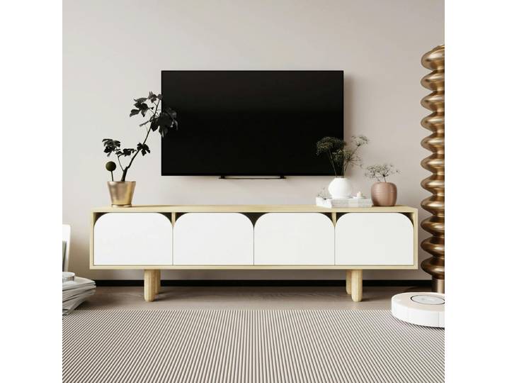 Meuble TV 180 4 portes VAREN - Blanc / Chêne