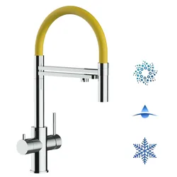 Kurzversion 47 cm - 5 Wege Wasserhahn Küchenarmatur, Edelstahl Massiv mit 360° schwenkbarem Auslauf, abnehmbare 2 strahl Handbrause, Hochglanz / Gelb
