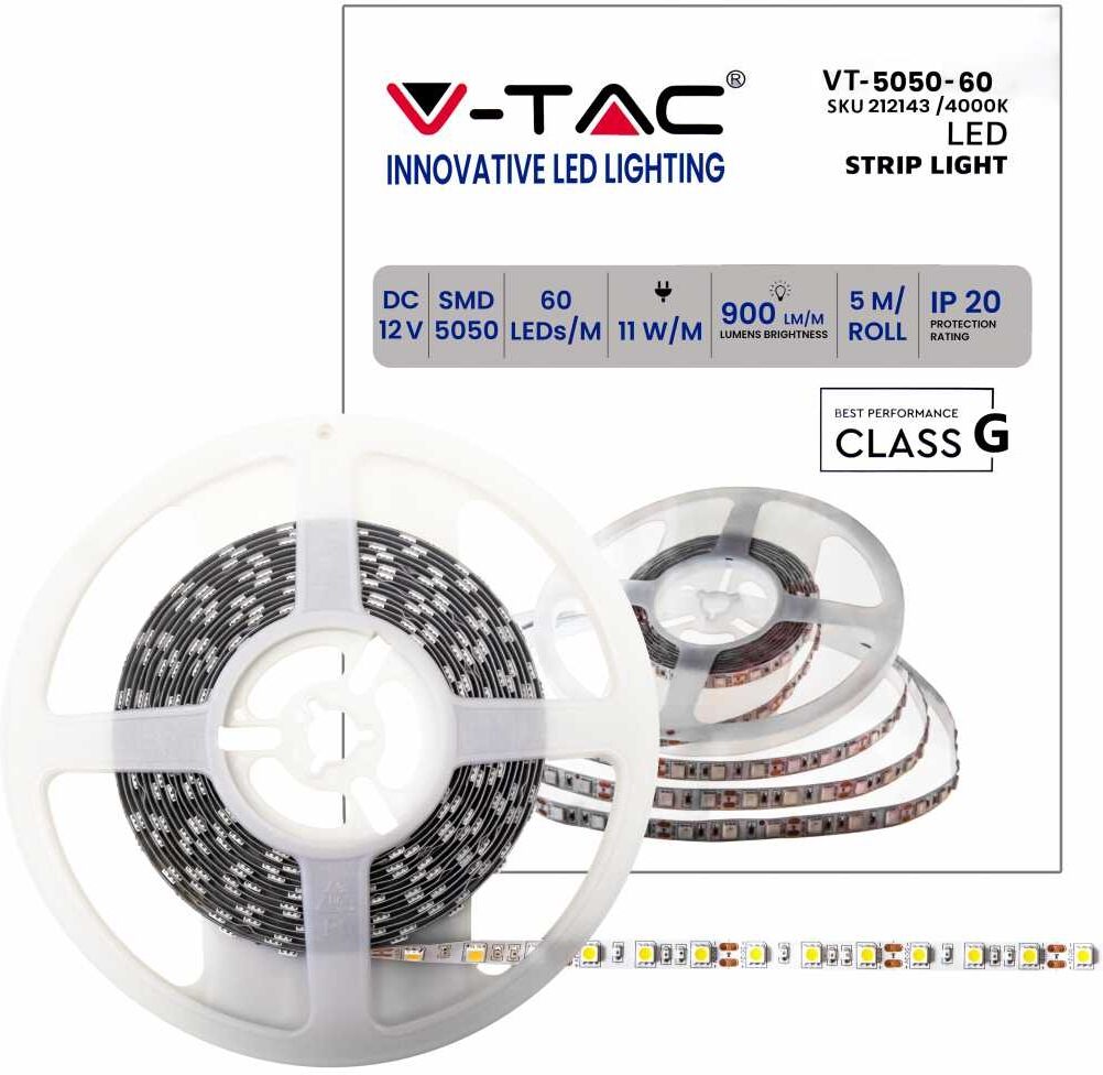V-Tac Strip Led Smd5050 11w/m 5m 60 Led/m Striscia 12v 4000k Ip20 10 Mm – Sku 212143
