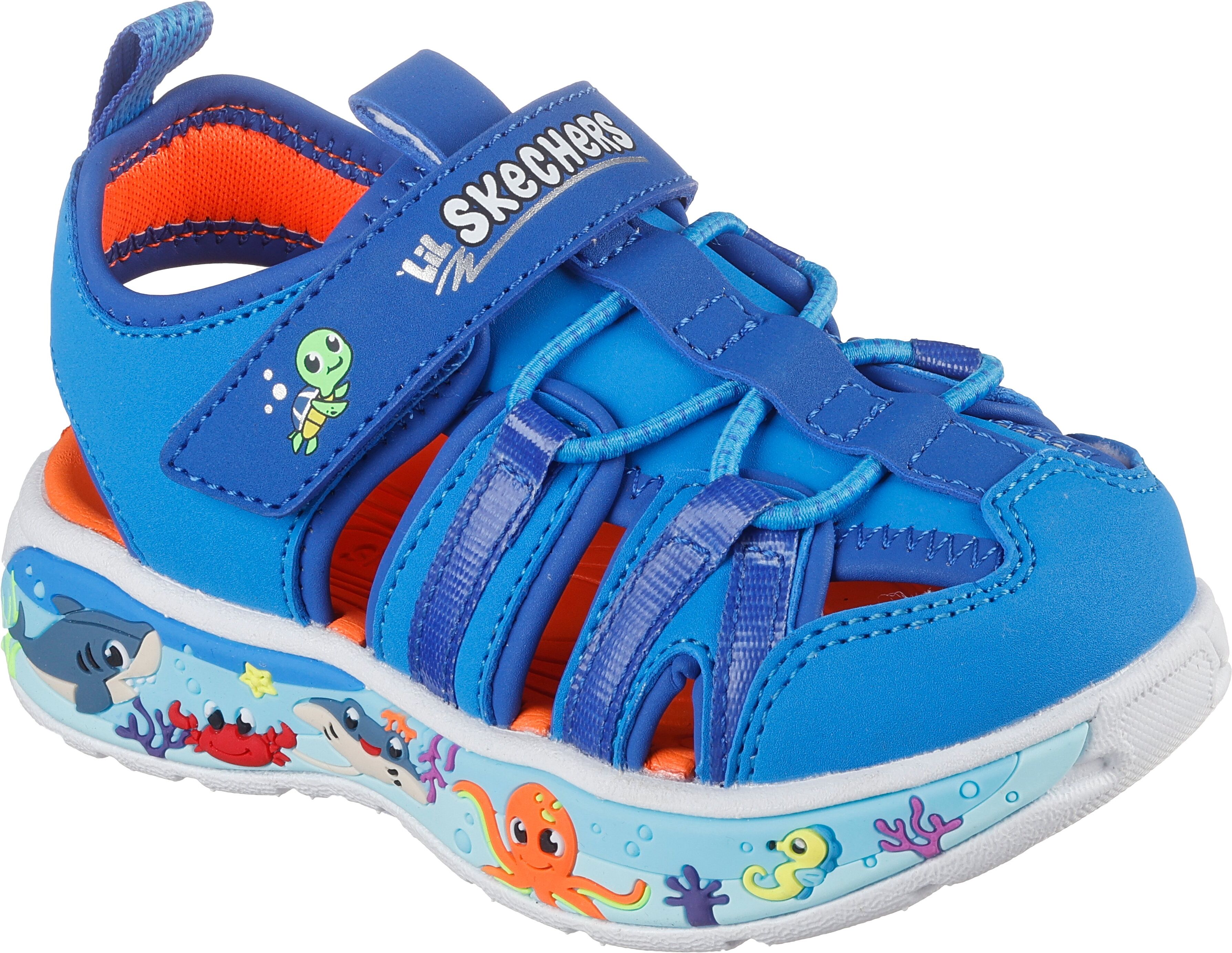 Sandale SKECHERS "PLAY SCENE SPLASH", Mädchen, Gr. 24, atmungsaktiv, blau (hellblau, blau), Lederimitat, kontrastfarbene Details, Schuhe Sandale, Badeschuh mit bunter Sohle, Grössenschablone zum Download hellblau, blau 24, atmungsaktiv