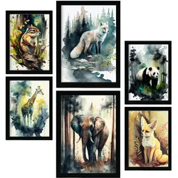 POSTER Set Mit 6 Wald Und Savanne Illustrationen Von Tieren In Naturlandschaften A3 & A4 Rahmenlos