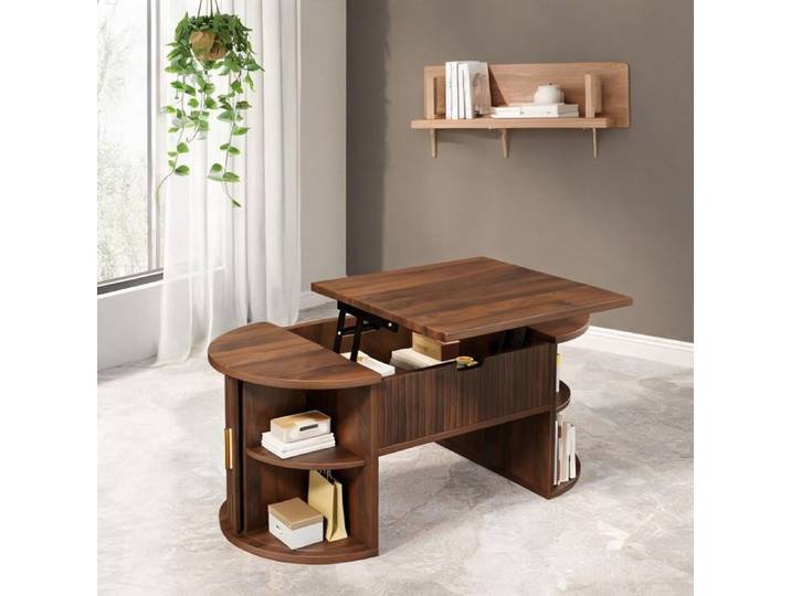 Table basse ovale en MDF warm brown hauteur réglable et rangements style moderne rétro