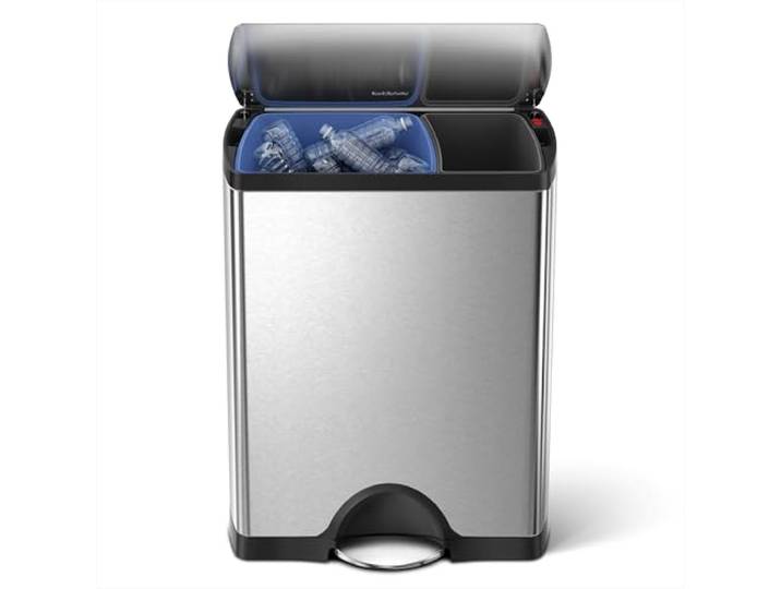 Simplehuman CW1830 46 Liter, rechteckiger Recycler, Mülltrennsystem 2 Fach, Mülleimer Küche, Abfalleimer, Mülltrennung, Recycling, gebürsteter Stahl, 10 Jahre Garantie
