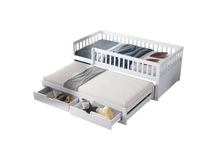 VLIVRA Lit Banquette 90×200 cm Lit Simple - Gigogne 2 Tiroirs et Barrière - sans Matelas - en Bois - Blanc