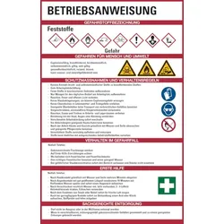 Aushang, Betriebsanweisung für Feststoffe - GHS/ISO 7010 Piktogramme - 200x300x1.5 mm Kunststoff