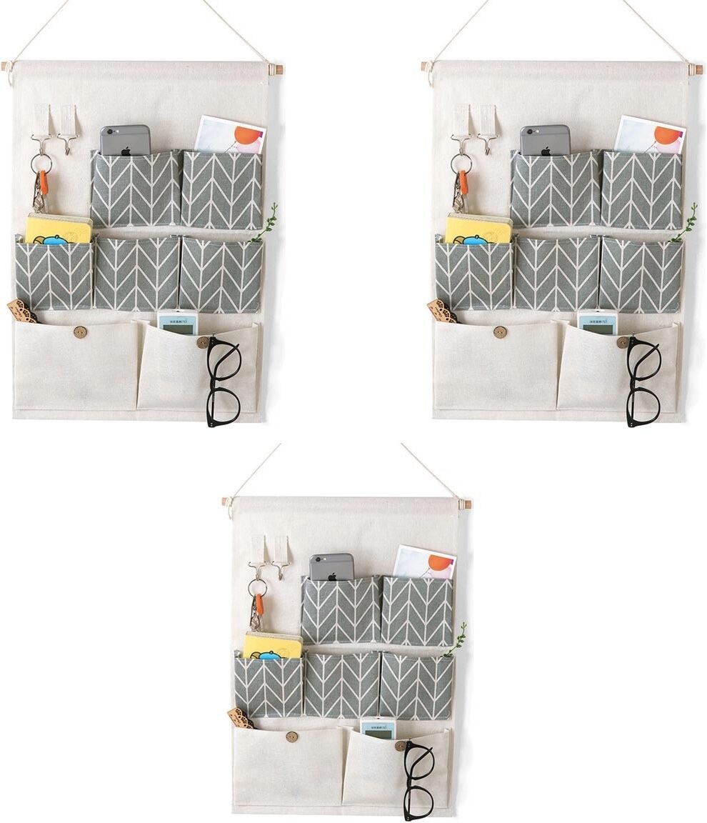INF Hängeorganizer mit 7 Taschen, 3er-Pack – Baumwoll-Leinen, Holzstange, Metallhaken, wasserdichtes Taschenfutter Grau