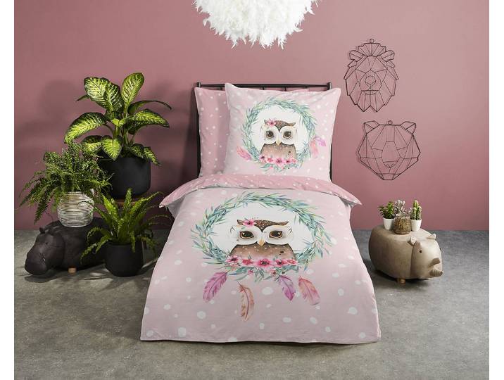 Kinderbettwäsche Owli 135 x 200cm Pink