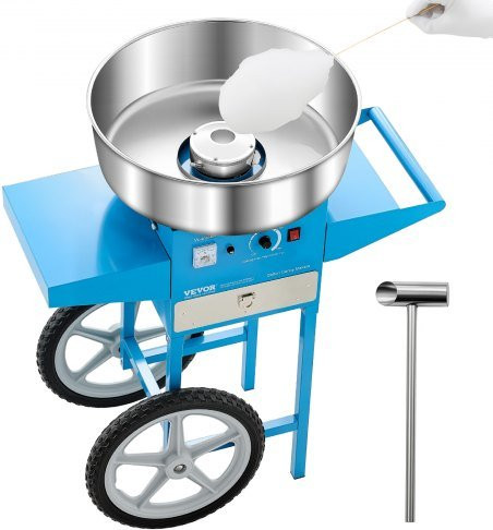 VEVOR Elektrische Commerciële Suikerspinmachine met Kar, 1000W, Blauw, 52 cm RVS Kom met Suikerschep en Lade