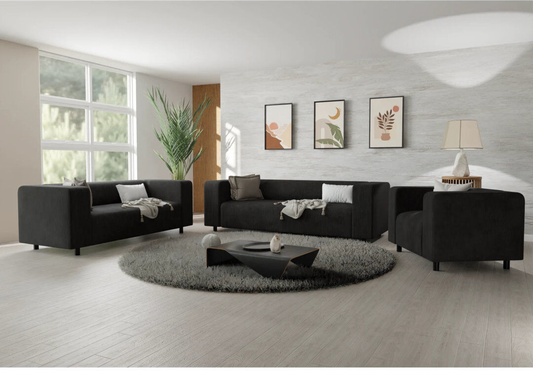S-Style Furniture Sofie 3 Piece Corduroy Standard Living Room Set Black 3