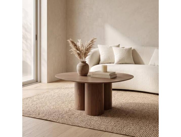 Couchtisch mit asymmetrischer Freiformplatte, natürliches Holzfurnier, Stabiler Säulenunterbau für Wohnzimmer (Walnussfarbe)