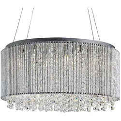 Beatric 8Flammiger Trommelpendelleuchte, Chrom, Klare Kristall Knopftropfen, Aluminium Außenrahmen