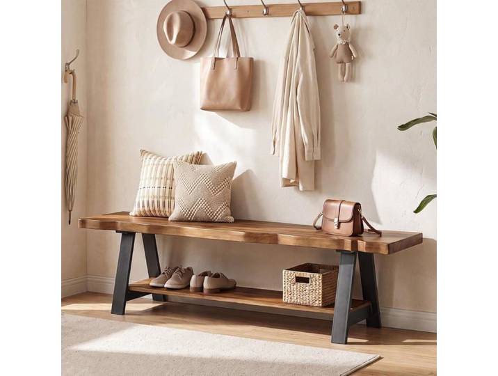 Banc d'entrée Little Tree 140×35×45 cm Banc à Chaussures en Bois avec étagère de Rangement Pour Salon Entrée Chambre Marron et Noir