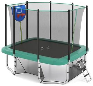 Costway Rectangle Outdoor Trampoline 10 x 8 FT Heavy-Duty Trampoline with Basketball Hoop-Green