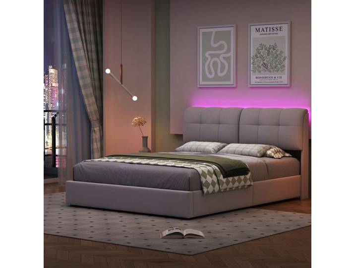 lit coffre 140x200 avec sommier lit 140x200 lit 140x200 avec rangement et lumières LED lit double lit 2 personnes velours beige