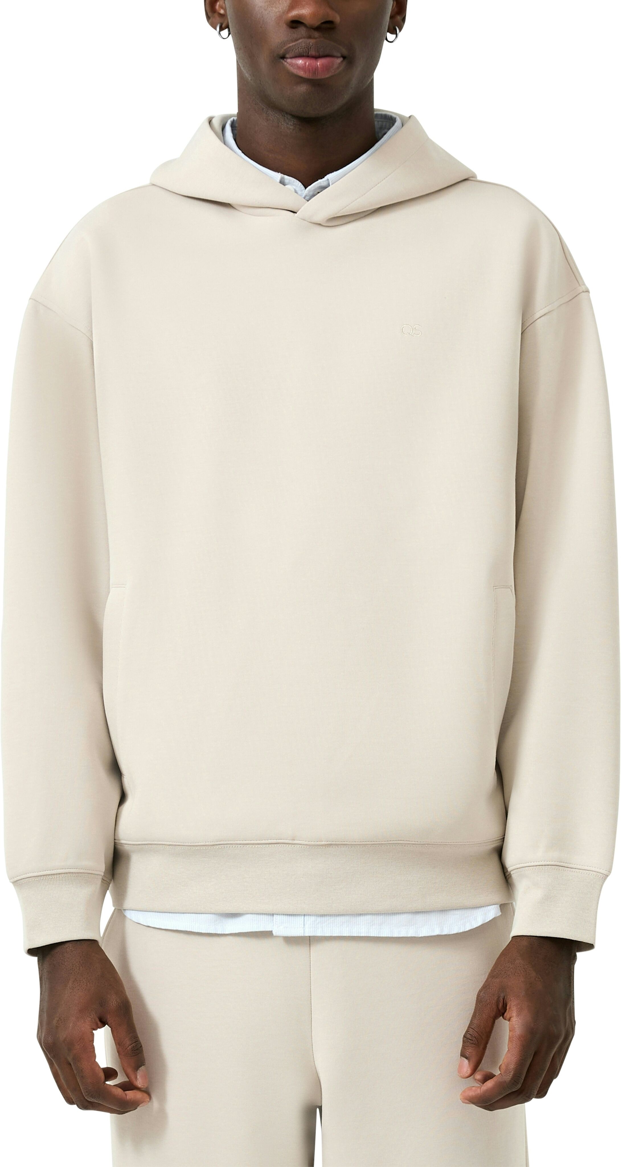 Kapuzensweatshirt QS, Herren, Gr. L, beige (ecru), Sweatware, Obermaterial: 67% Polyester, 33% Baumwolle, bestickt, unifarben, lässig geschnitten hüftbedeckend, Rundhals, Flachstrickbündchen, Sweatshirts Kapuzensweatshirt, unifarben, mit Logo-Stickerei ec