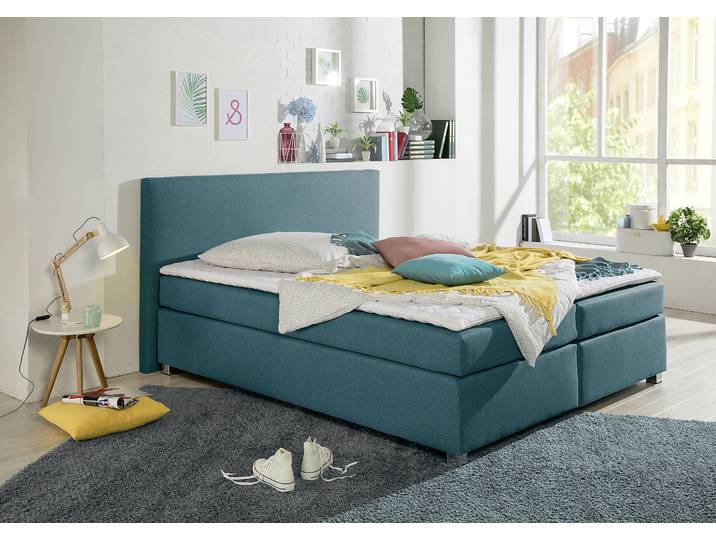 Boxspringbett, 207x210 cm, Strukturstoff, Blau, Inkl. Topper & Matratzen, Modern, Inosign
