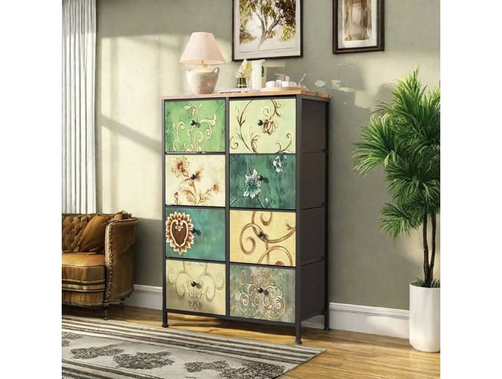 Commode haute à 8 tiroirs meuble de rangement vintage commode pour chambre à coucher imprimée armoire à tiroirs en bois