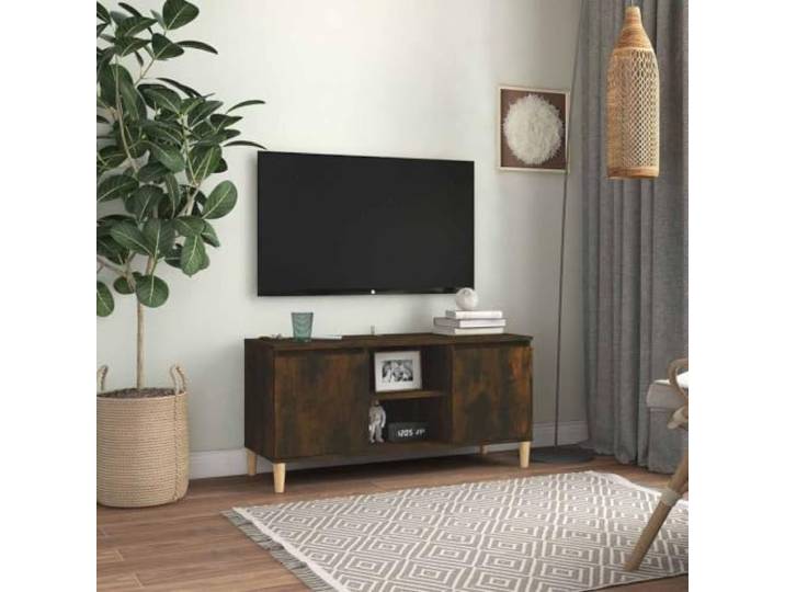 HEFZGDB TV-Schrank mit Massivholz-Beinen Räuchereiche 103,5x35x50 cm Sideboard mit 2 Ablagen und 2 Fächern für Stauraum Skandi-Stil TV-Möbel Wohnzimmer Aufbewahrung