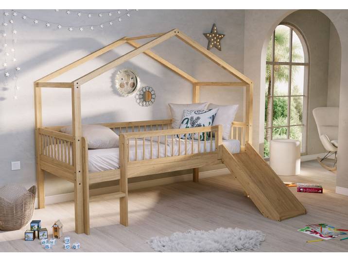 Massives Hausbett mit Rutsche 90 x 200cm Braun/Eiche